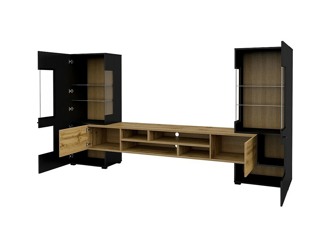 Ensemble de 3 meubles de salon collection KOBEE. Couleur noir et chêne.