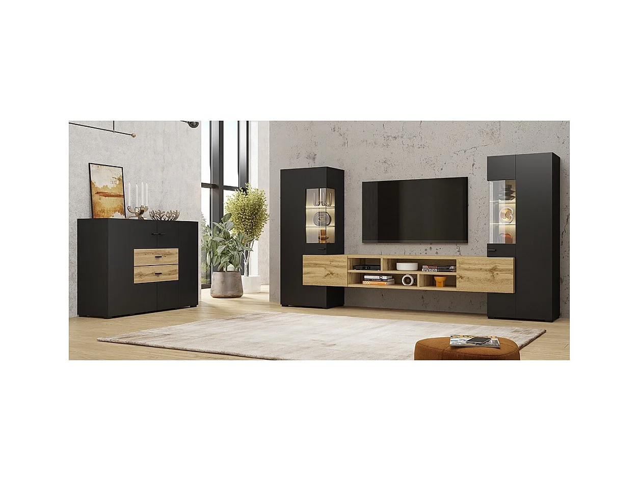 Ensemble de 3 meubles de salon collection KOBEE. Couleur noir et chêne.