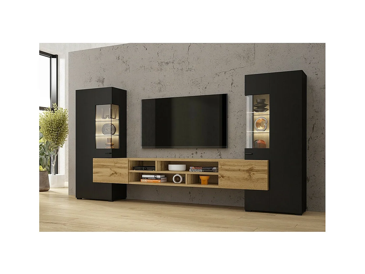 Ensemble de 3 meubles de salon collection KOBEE. Couleur noir et chêne.