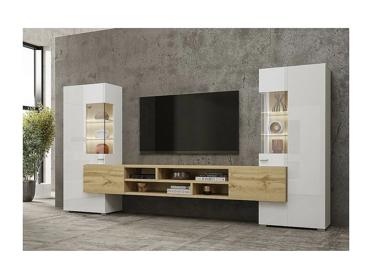 Ensemble de 3 meubles de salon collection KOBEE. Couleur blanc et chêne.