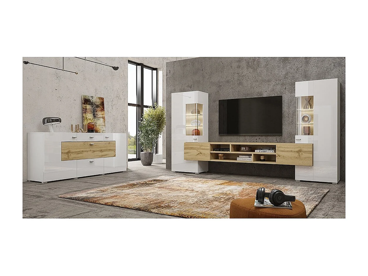 Ensemble de 3 meubles de salon collection KOBEE. Couleur blanc et chêne.