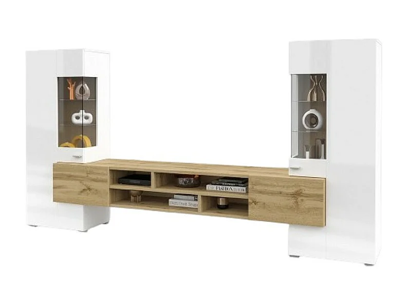 Ensemble de 3 meubles de salon collection KOBEE. Couleur blanc et chêne.