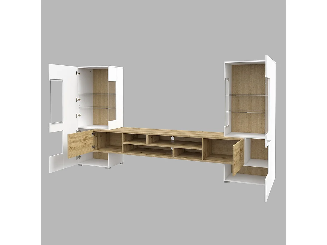 Ensemble de 3 meubles de salon collection KOBEE. Couleur blanc et chêne.