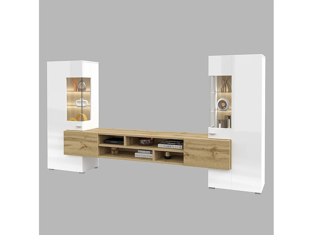 Ensemble de 3 meubles de salon collection KOBEE. Couleur blanc et chêne.