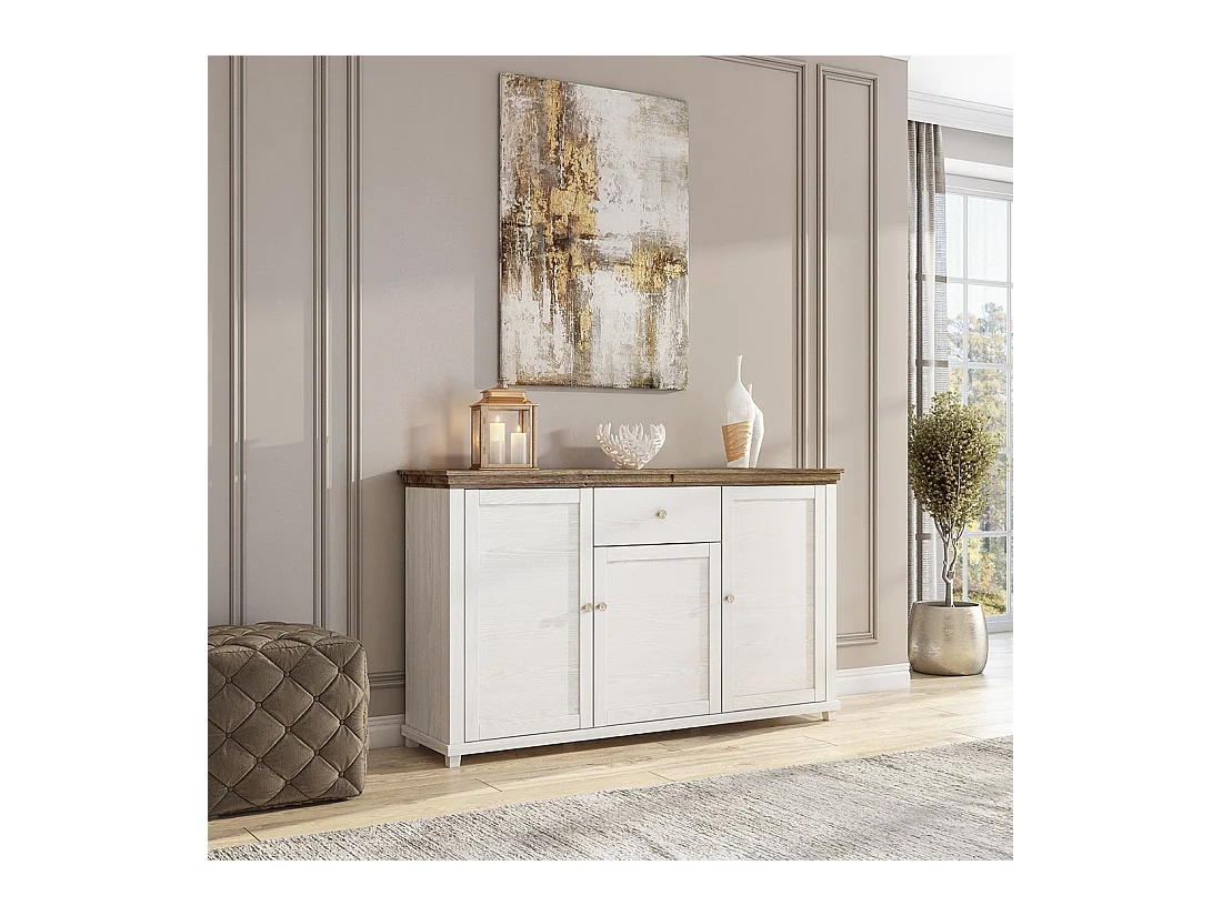 Buffet 160cm com 3 portas e uma gaveta coleção ASSIA. Cores em freixo branco e carvalho.