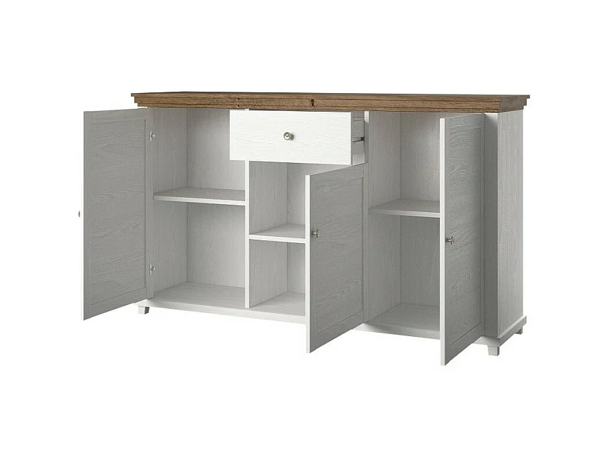 Buffet 160cm com 3 portas e uma gaveta coleção ASSIA. Cores em freixo branco e carvalho.