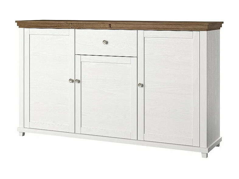 Buffet 160cm avec 3 portes et un tiroir collection ASSIA. Coloris frêne blanc et chêne.