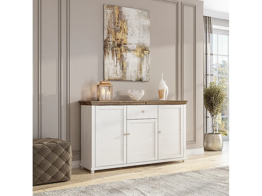 Buffet 160cm avec 3 portes et un tiroir collection ASSIA. Coloris frêne blanc et chêne.