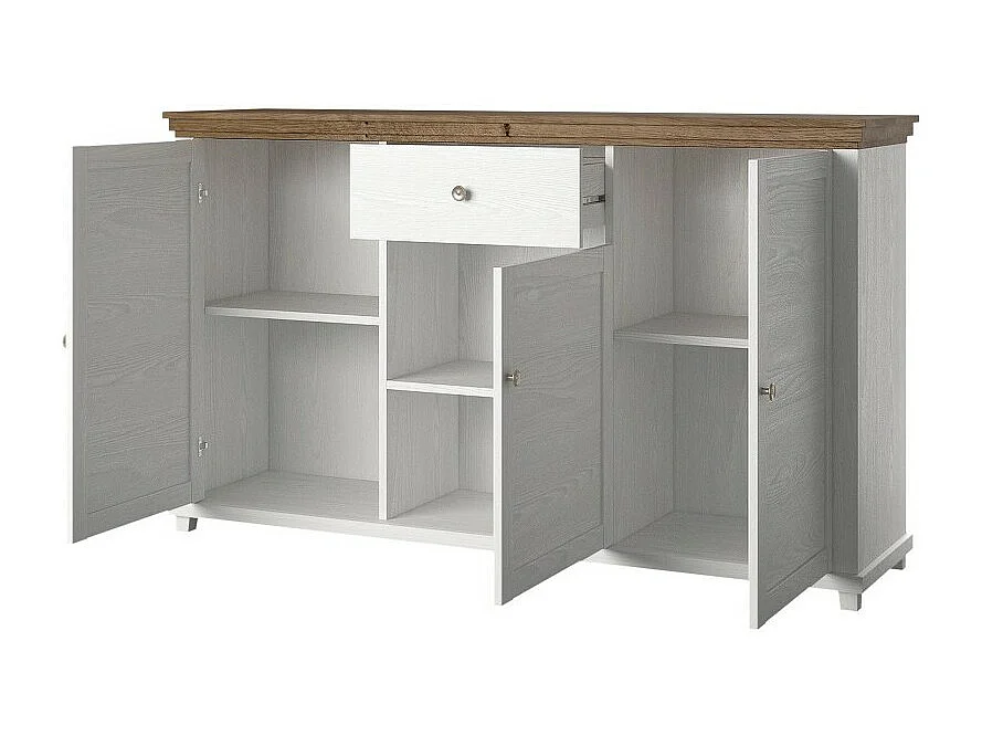 Buffet 160cm avec 3 portes et un tiroir collection ASSIA. Coloris frêne blanc et chêne.