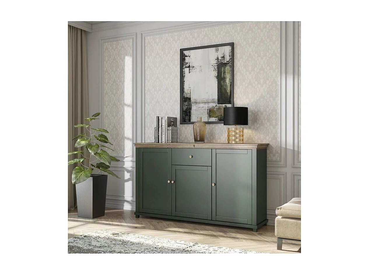 Buffet 160cm avec 3 portes et un tiroir collection ASSIA. Coloris vert et chêne.