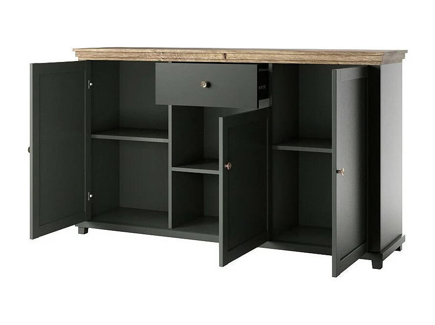 Buffet 160cm avec 3 portes et un tiroir collection ASSIA. Coloris vert et chêne.