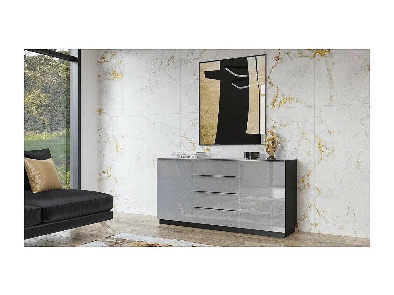 Buffet 160cm 2 portes et 4 tiroirs collection ZANTE. Coloris noir et gris brillant.