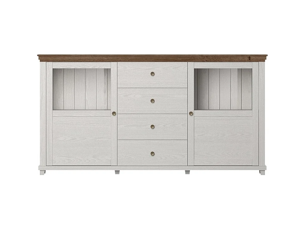 Buffet de 180cm con luces LED integradas, colección ASSIA. Color fresno blanco y roble. 2 puertas y 4 cajones.