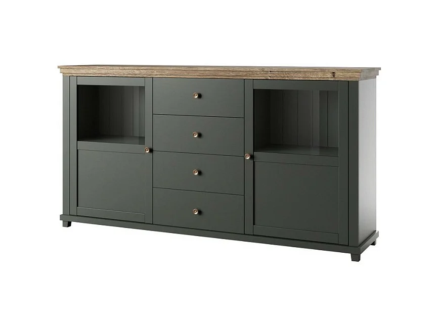 Buffet 180cm mit integrierten LEDs, Kollektion ASSIA. Farbe Grün und Eiche. 2 Türen und 4 Schubladen.