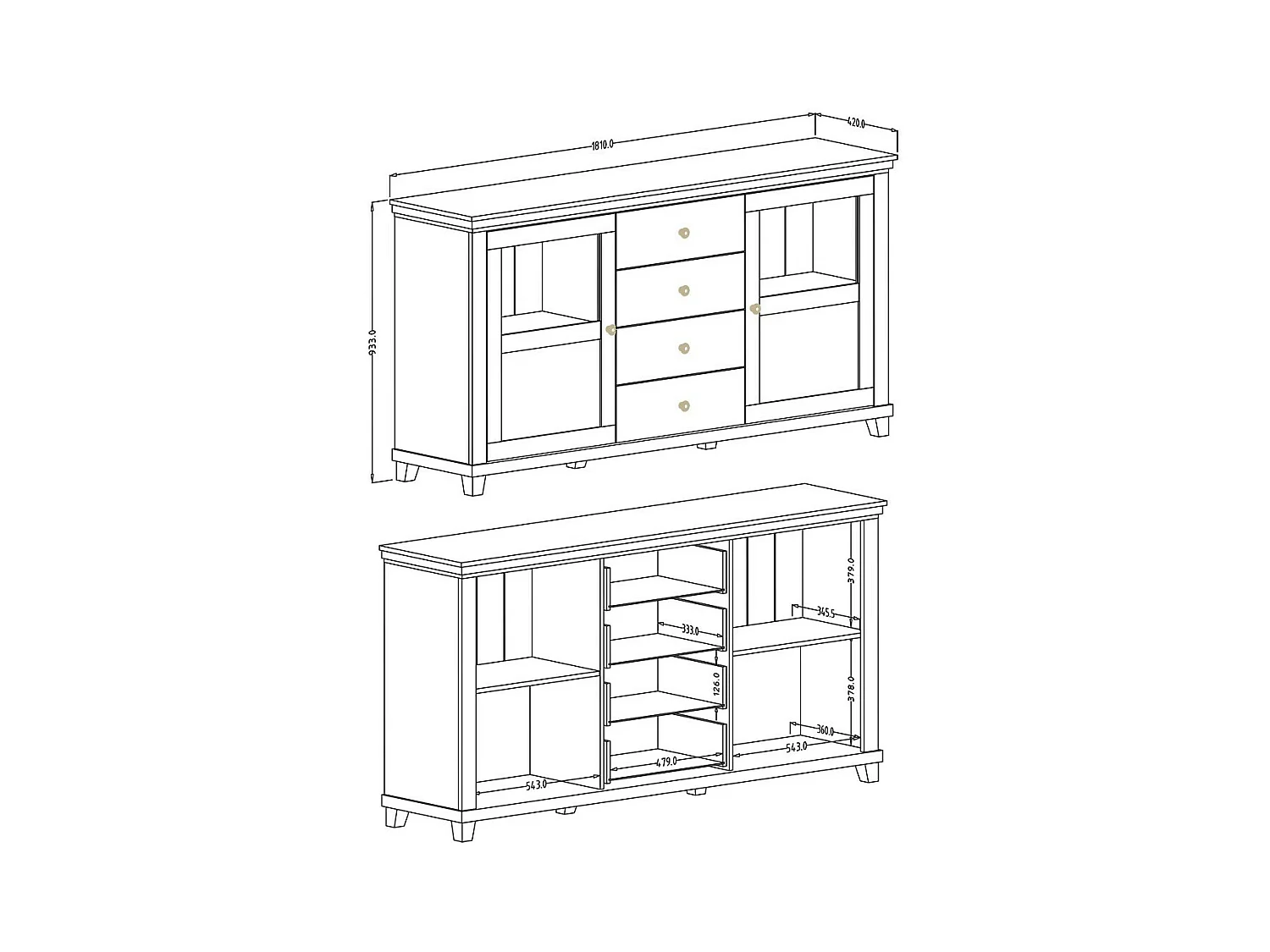 Buffet 180cm mit integrierten LEDs, Kollektion ASSIA. Farbe Grün und Eiche. 2 Türen und 4 Schubladen.