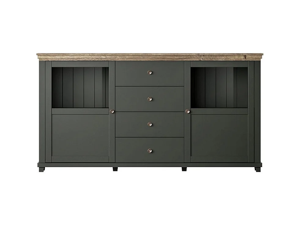 Buffet 180cm mit integrierten LEDs, Kollektion ASSIA. Farbe Grün und Eiche. 2 Türen und 4 Schubladen.