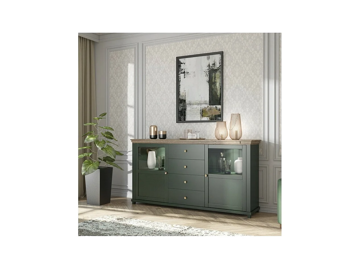 Buffet 180cm mit integrierten LEDs, Kollektion ASSIA. Farbe Grün und Eiche. 2 Türen und 4 Schubladen.