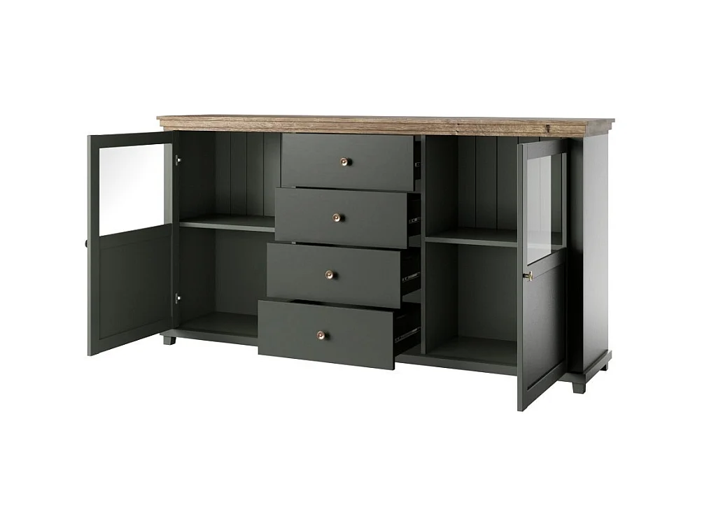 Buffet 180cm mit integrierten LEDs, Kollektion ASSIA. Farbe Grün und Eiche. 2 Türen und 4 Schubladen.