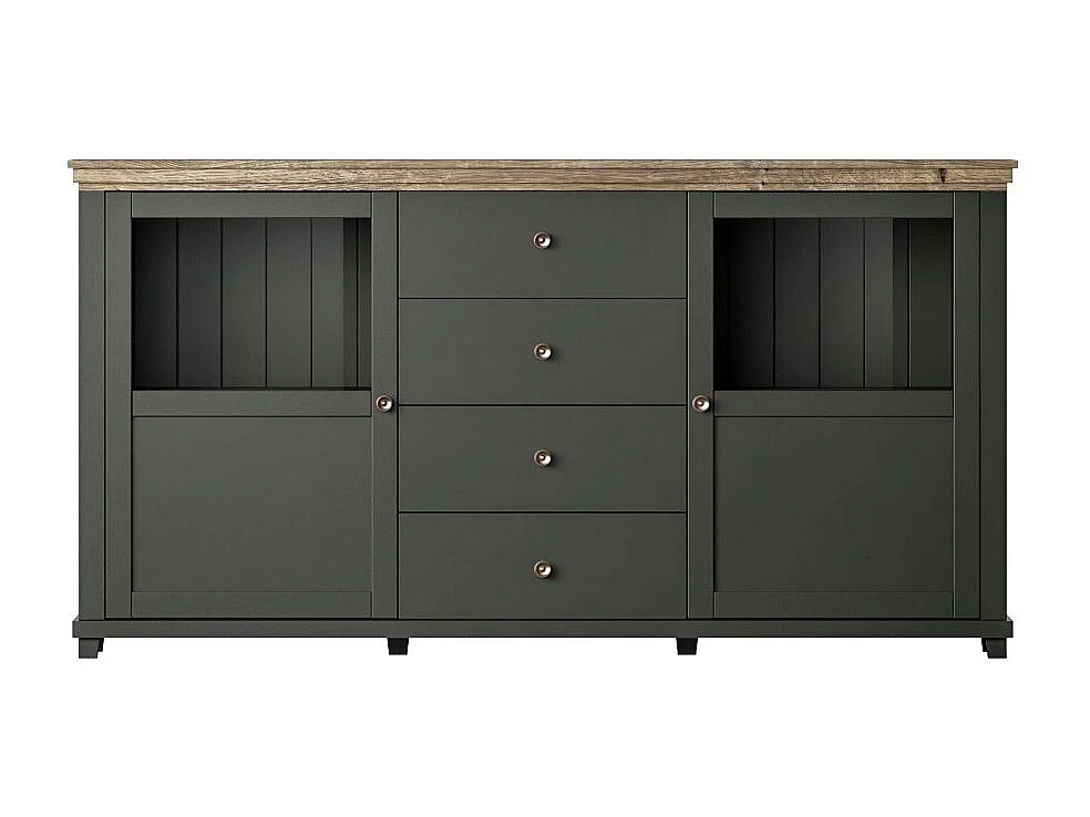 Buffet de 180 cm com LED integrada, coleção ASSIA. Cores verde e carvalho. 2 portas e 4 gavetas.