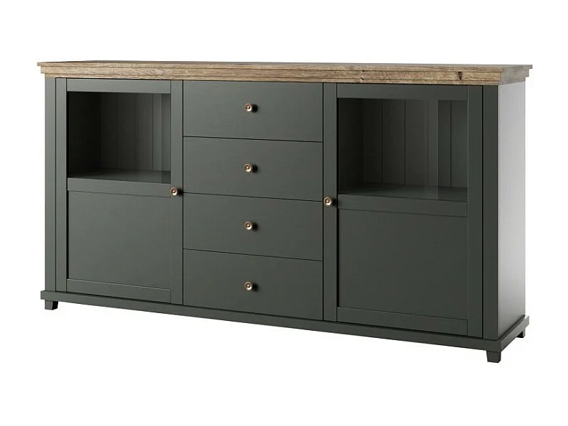 Buffet 180cm met geïntegreerde LED uit de ASSIA collectie. Kleur groen en eiken. 2 deuren en 4 laden.
