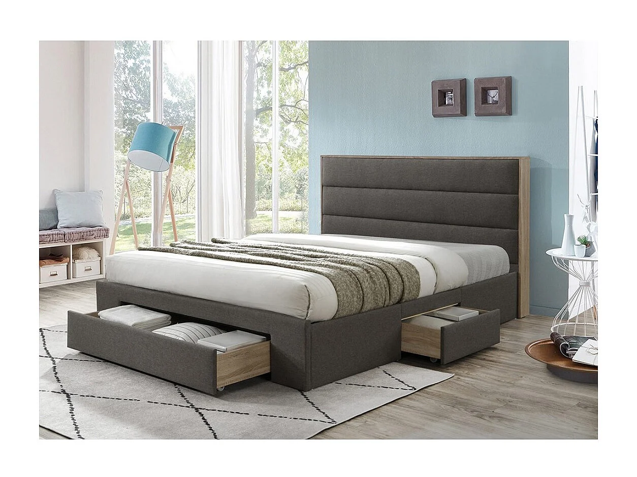 Lit OTTAWA – 140x200 cm coloris gris et chêne avec tiroirs et sommier inclus