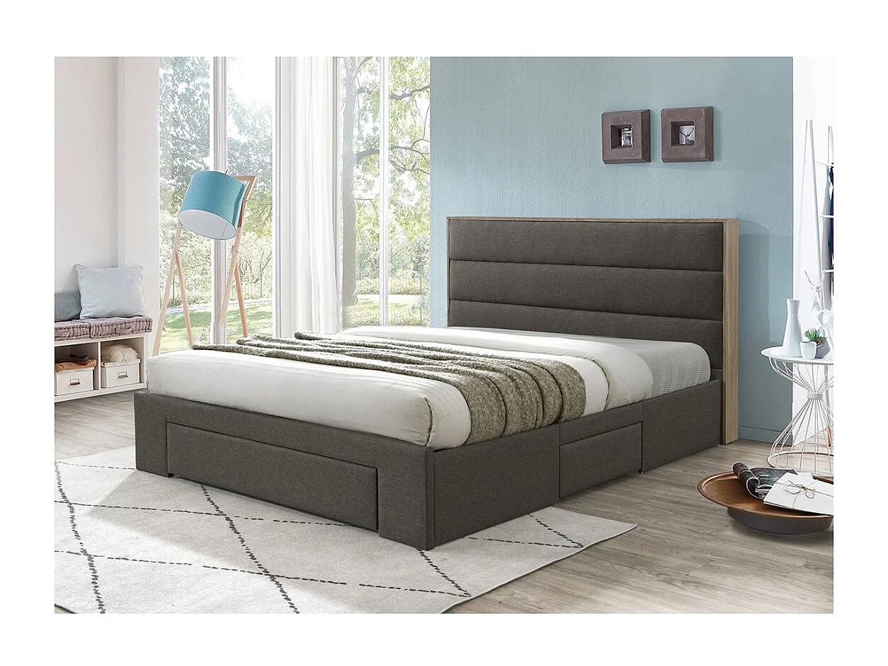 Lit OTTAWA – 140x200 cm coloris gris et chêne avec tiroirs et sommier inclus