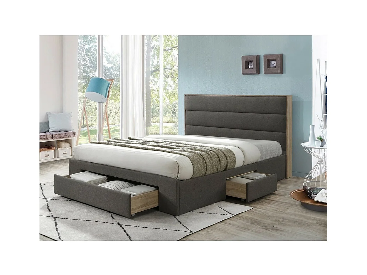 Cama com gavetas coleção OTTAWA - Cor cinza e carvalho - 180x200cm - Estrado incluído