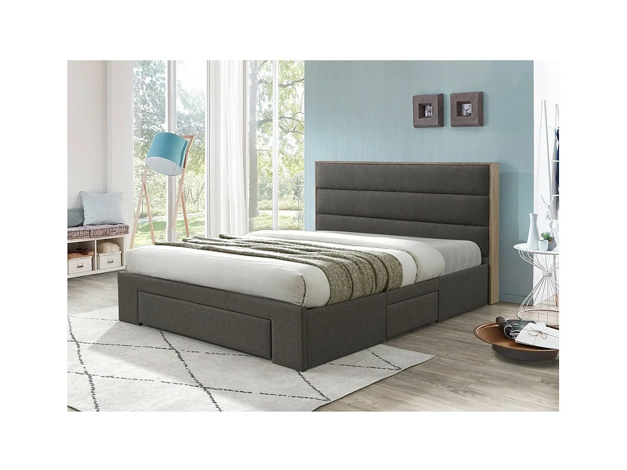 Cama com gavetas coleção OTTAWA - Cor cinza e carvalho - 180x200cm - Estrado incluído