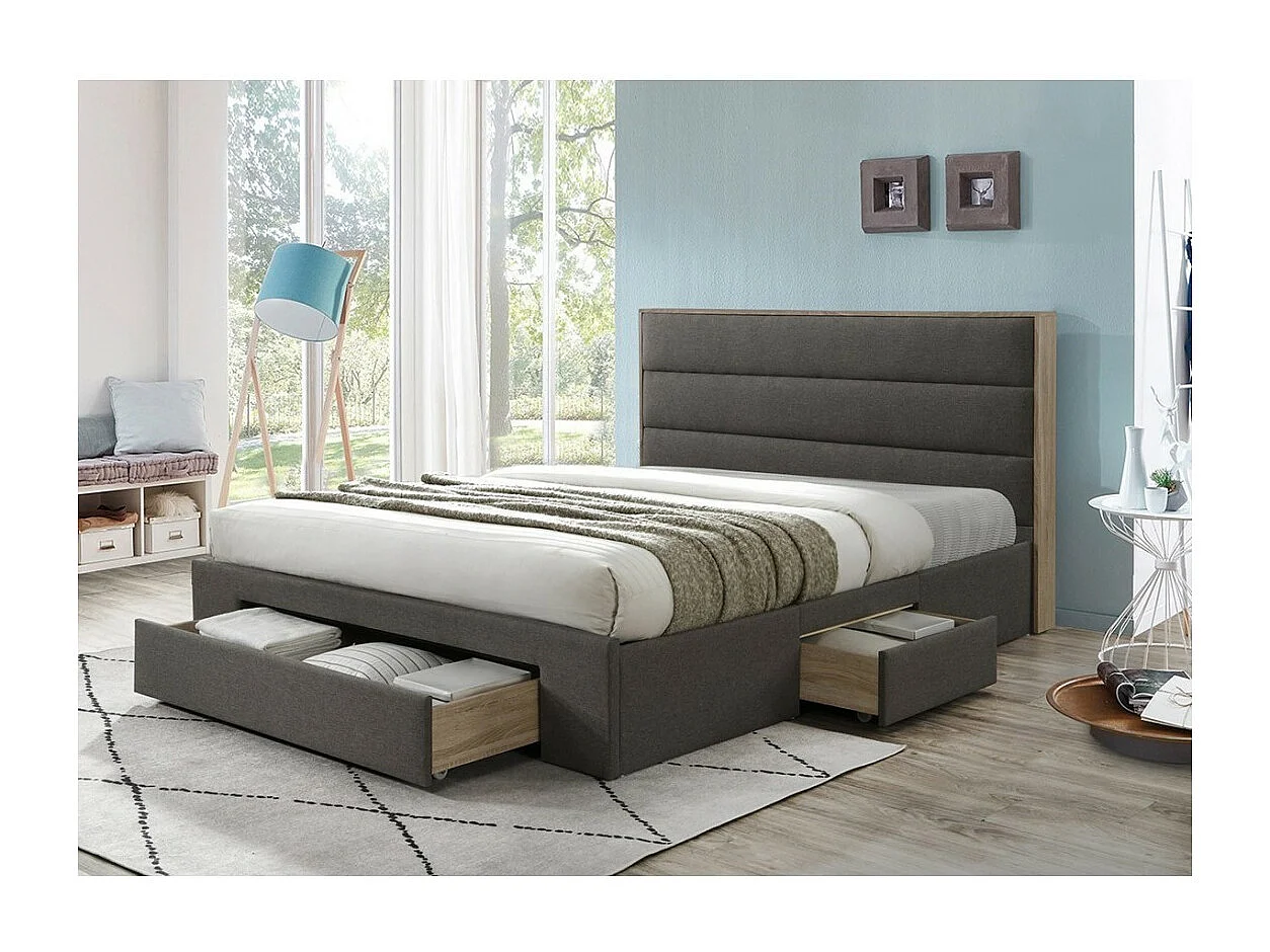 Lit OTTAWA – 180x200 cm coloris gris et chêne avec tiroirs et sommier inclus