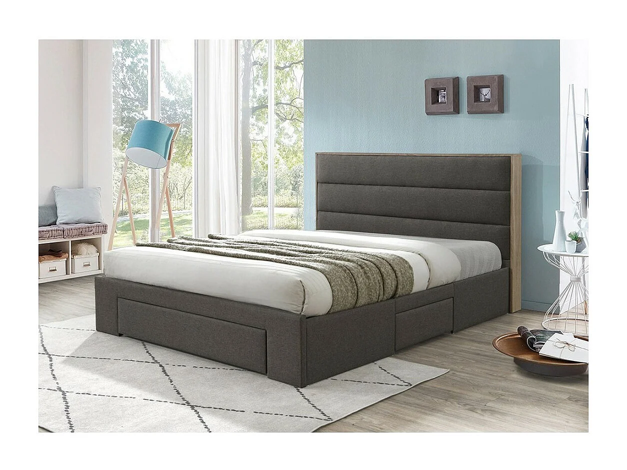 Lit OTTAWA – 180x200 cm coloris gris et chêne avec tiroirs et sommier inclus