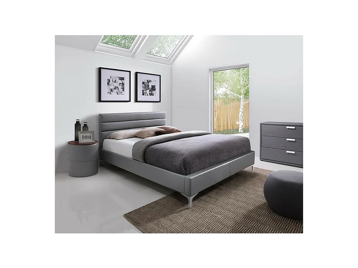 Bed met lattenbodem THOMAS 160x200 in kunstleer, kleur grijs - 215 x 99,5 x 165 cm