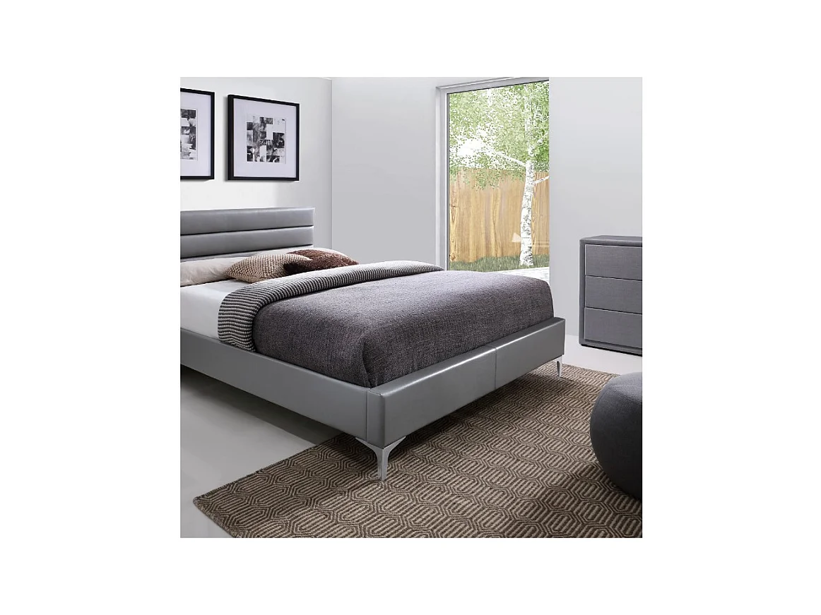 Bed met lattenbodem THOMAS 160x200 in kunstleer, kleur grijs - 215 x 99,5 x 165 cm