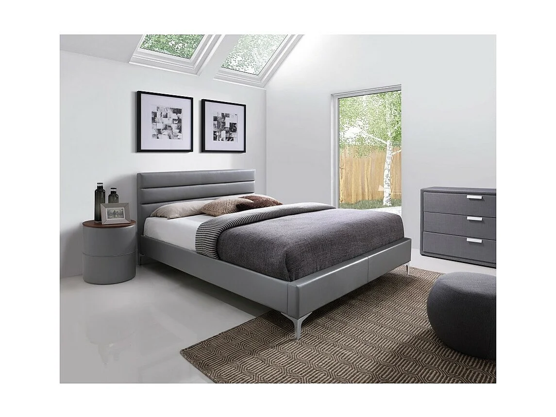 Bed met lattenbodem THOMAS 160x200 in kunstleer, kleur grijs - 215 x 99,5 x 165 cm