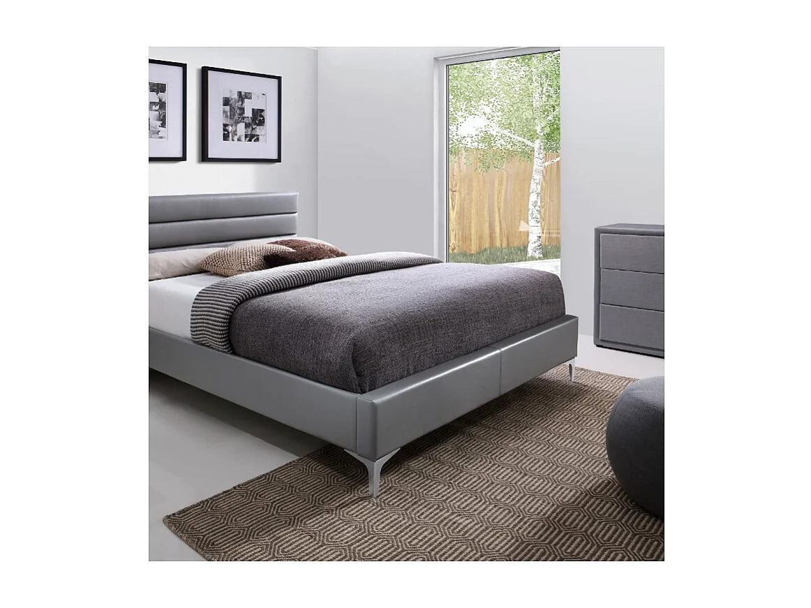 Bed met lattenbodem THOMAS 160x200 in kunstleer, kleur grijs - 215 x 99,5 x 165 cm