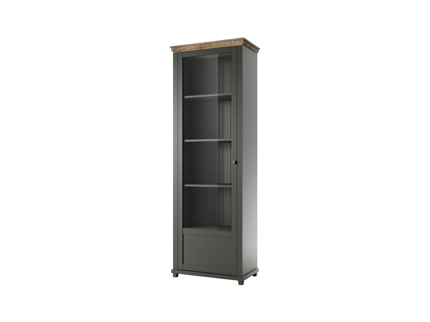 Vitrine 1 porte avec LED intégrées collection ASSIA. Coloris vert et chêne. Ouverture gauche