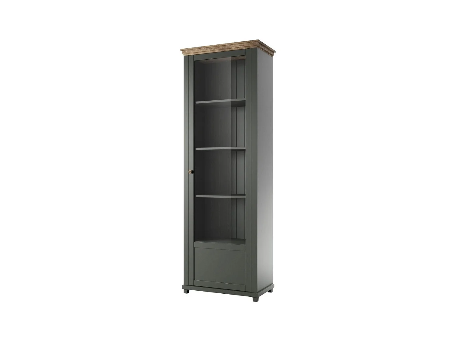Vitrinekast met 1 deur en geïntegreerde LED, collectie ASSIA. Kleur groen en eiken. Rechts openend.