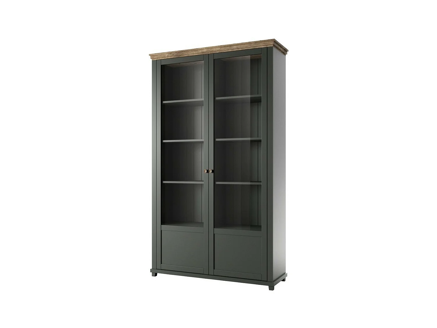 Brede vitrinekast met 2 deuren en geïntegreerde LED's uit de collectie ASSIA. Kleur groen en eiken.