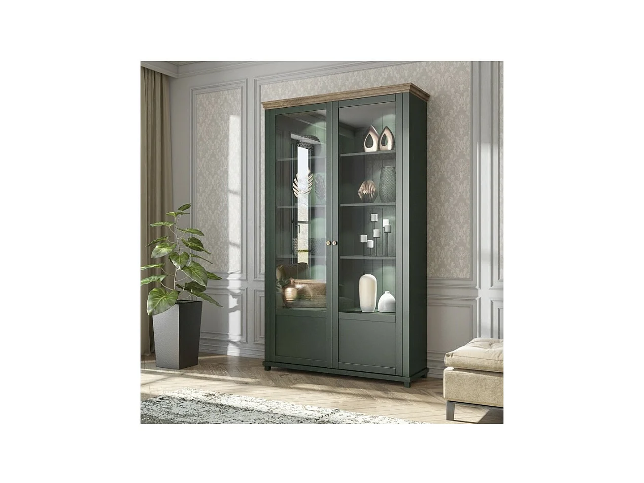 Brede vitrinekast met 2 deuren en geïntegreerde LED's uit de collectie ASSIA. Kleur groen en eiken.