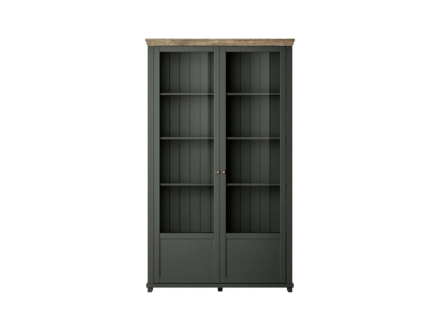 Brede vitrinekast met 2 deuren en geïntegreerde LED's uit de collectie ASSIA. Kleur groen en eiken.