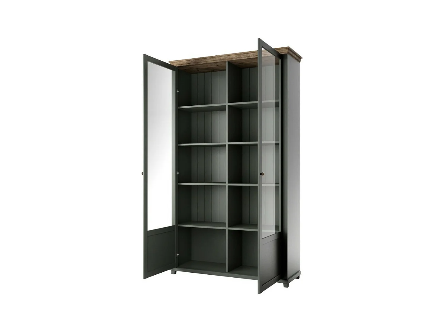 Brede vitrinekast met 2 deuren en geïntegreerde LED's uit de collectie ASSIA. Kleur groen en eiken.