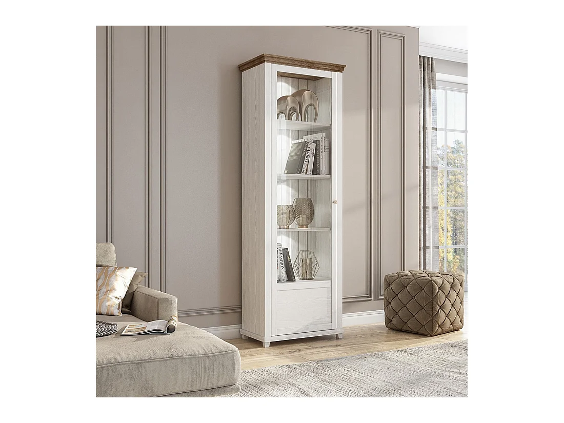 Vitrine 1 porte avec LED intégrées collection ASSIA. Couleur frêne blanc et chêne. Ouverture droite