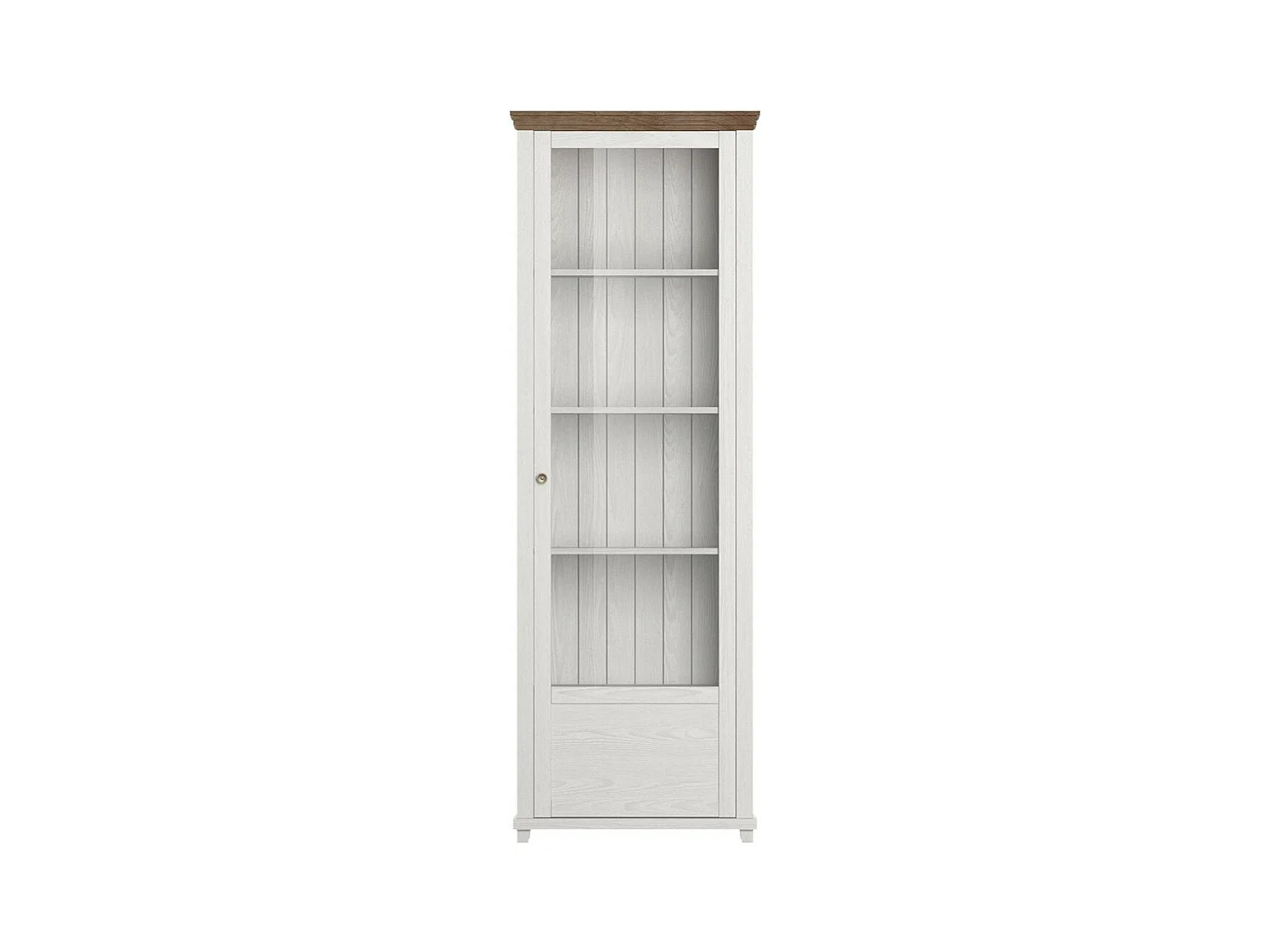 Vitrine met 1 deur en geïntegreerde LED uit de ASSIA collectie. Kleur in witte es en eik. Rechts openend.