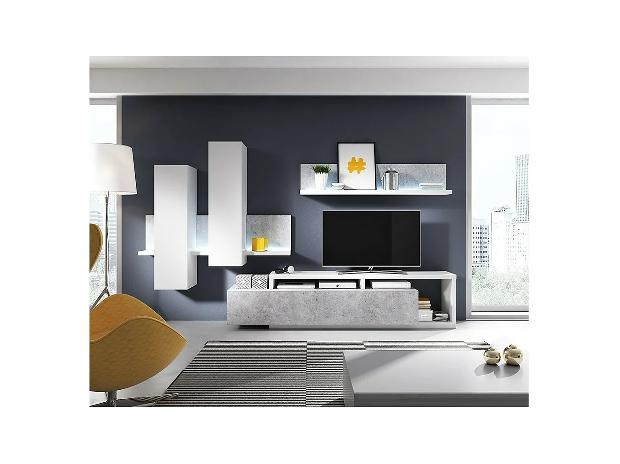 Prateleira de parede design 150cm nas cores branco e cinza efeito concreto. Coleção BERGAMO.