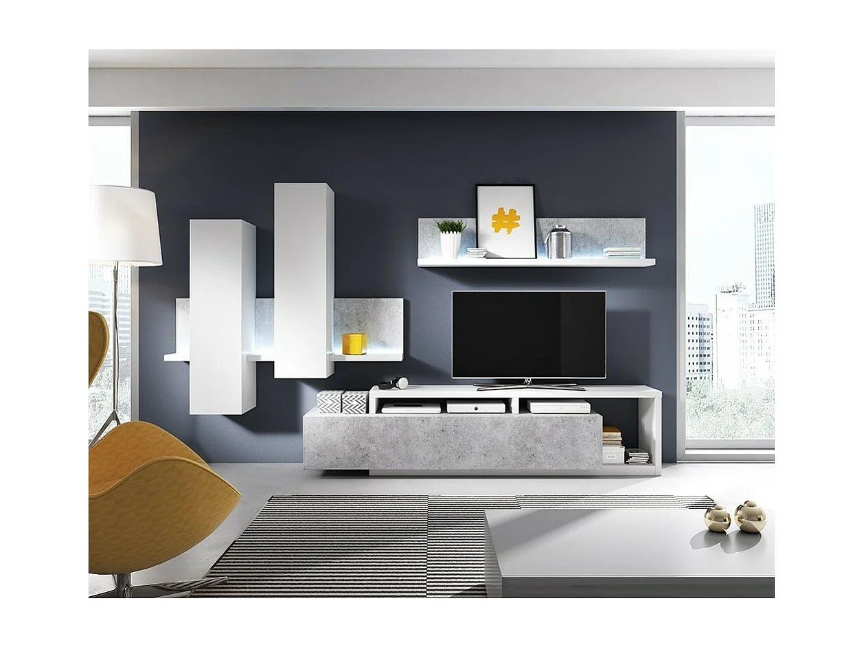 Wandregal im Design 150cm in Weiß und Grau mit Betoneffekt. Kollektion BERGAME.