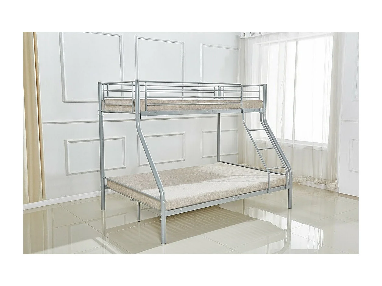 Lit superposé TRYO – 3 places – Métal gris – 90x200 cm et 140x200 cm – Sommier inclus