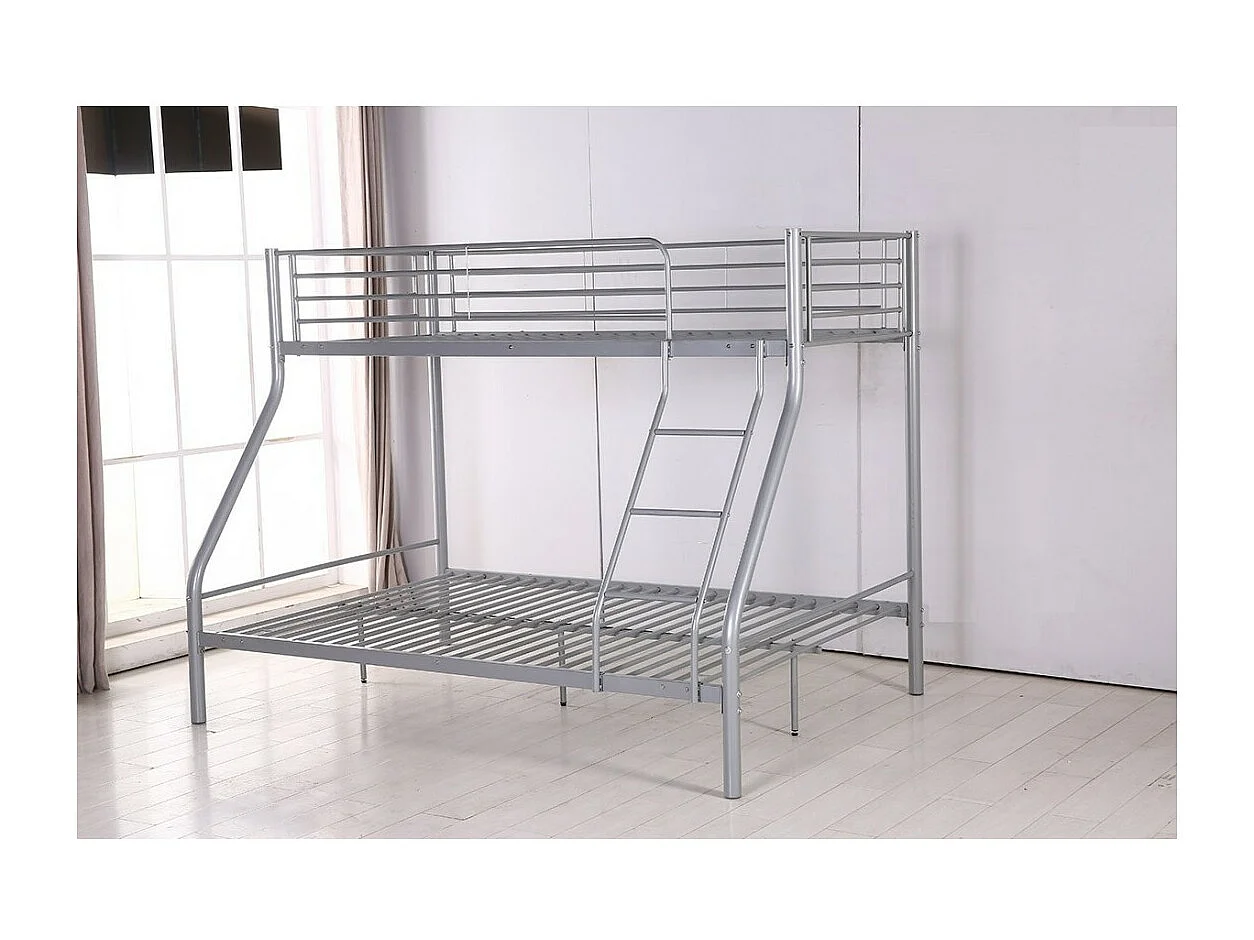 Lit superposé TRYO – 3 places – Métal gris – 90x200 cm et 140x200 cm – Sommier inclus
