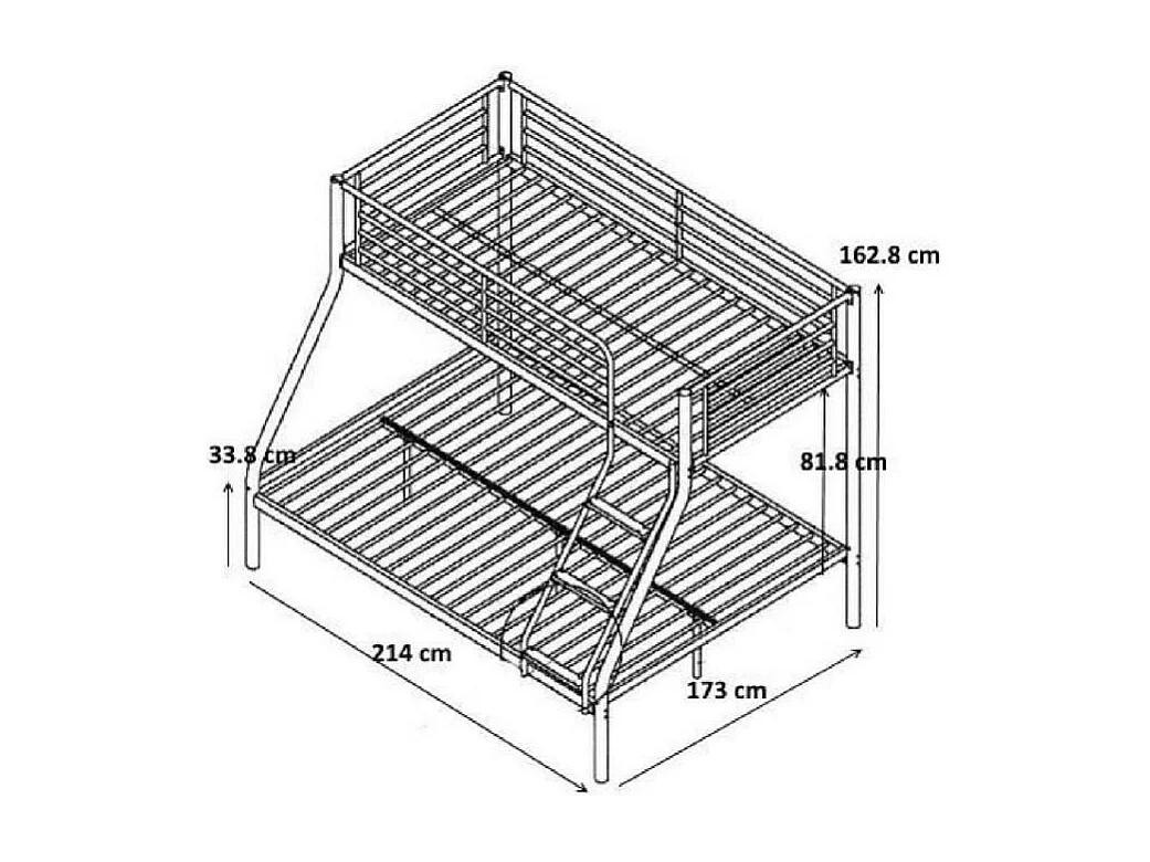 Lit superposé NICOLAS – 3 places en métal gris – 90x200 + 140x200 cm