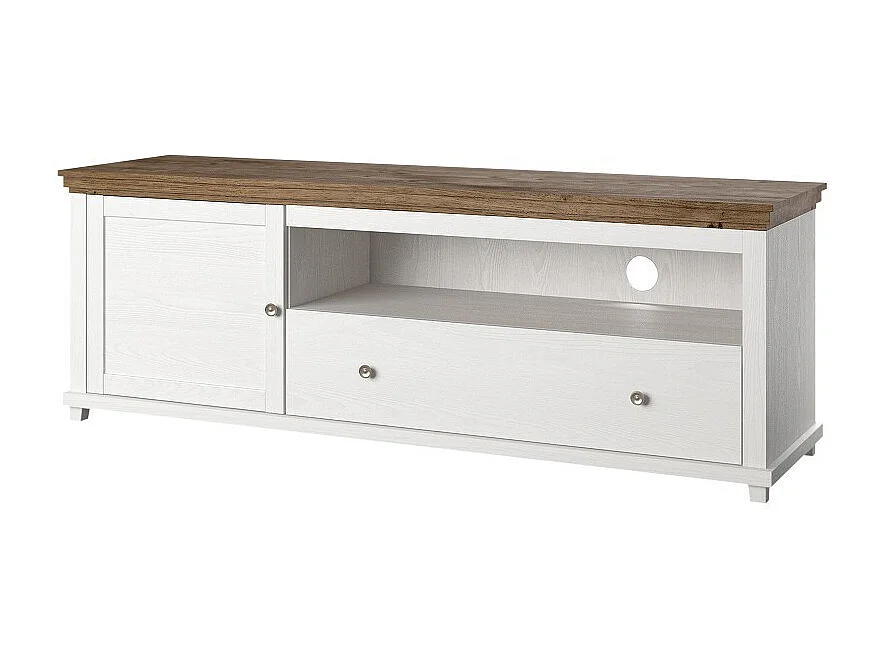 Meuble TV 180cm avec LED intégrées. Collection ASSIA. Coloris frêne blanc et chêne. 1 Porte et 1 tiroir.