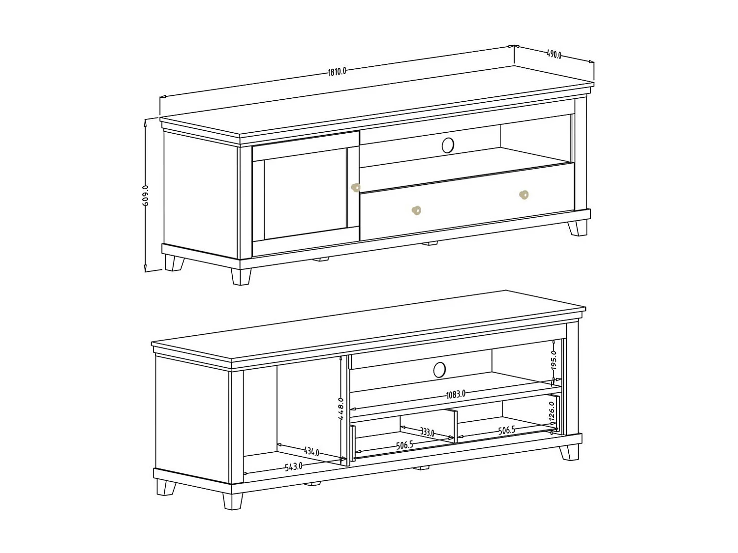 Meuble TV 180cm avec LED intégrées. Collection ASSIA. Coloris frêne blanc et chêne. 1 Porte et 1 tiroir.