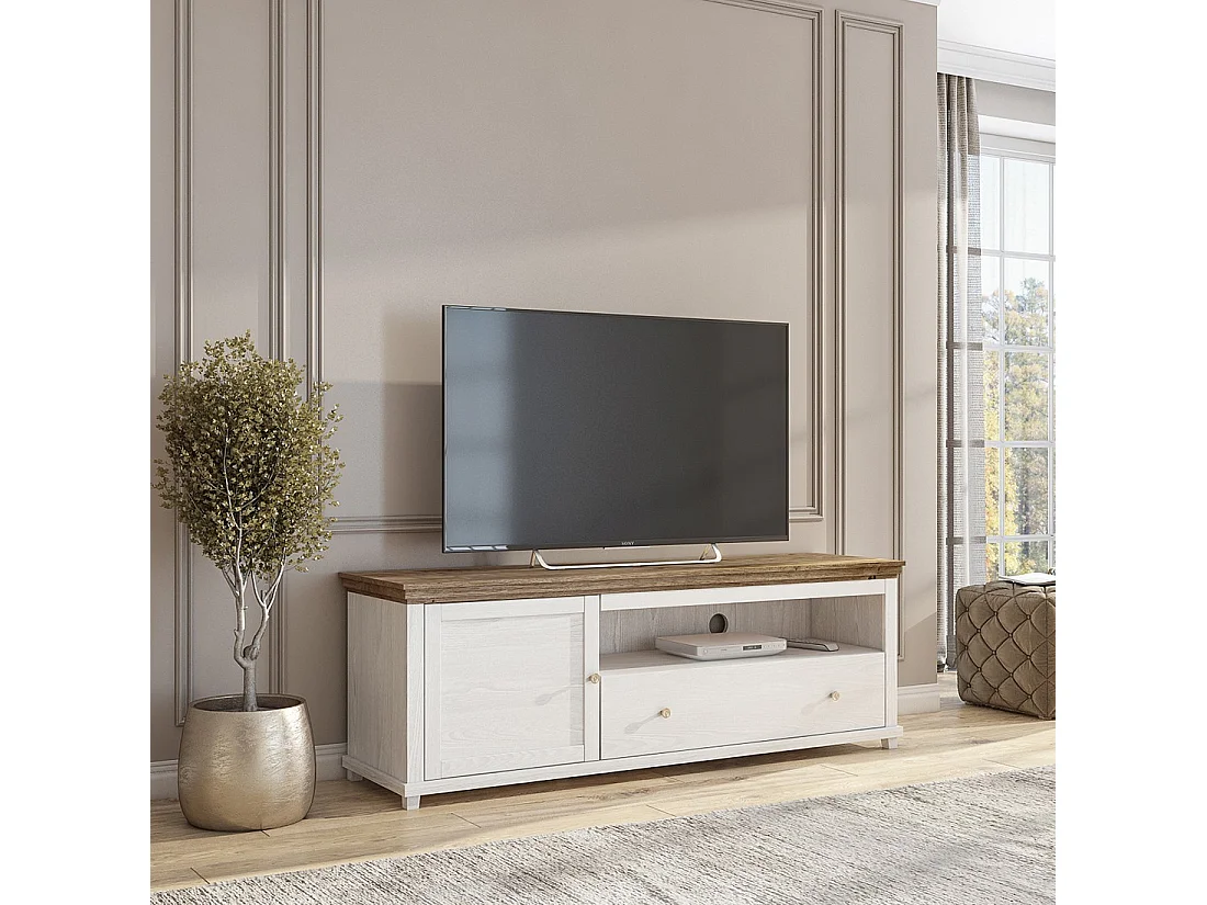 Meuble TV 180cm avec LED intégrées. Collection ASSIA. Coloris frêne blanc et chêne. 1 Porte et 1 tiroir.